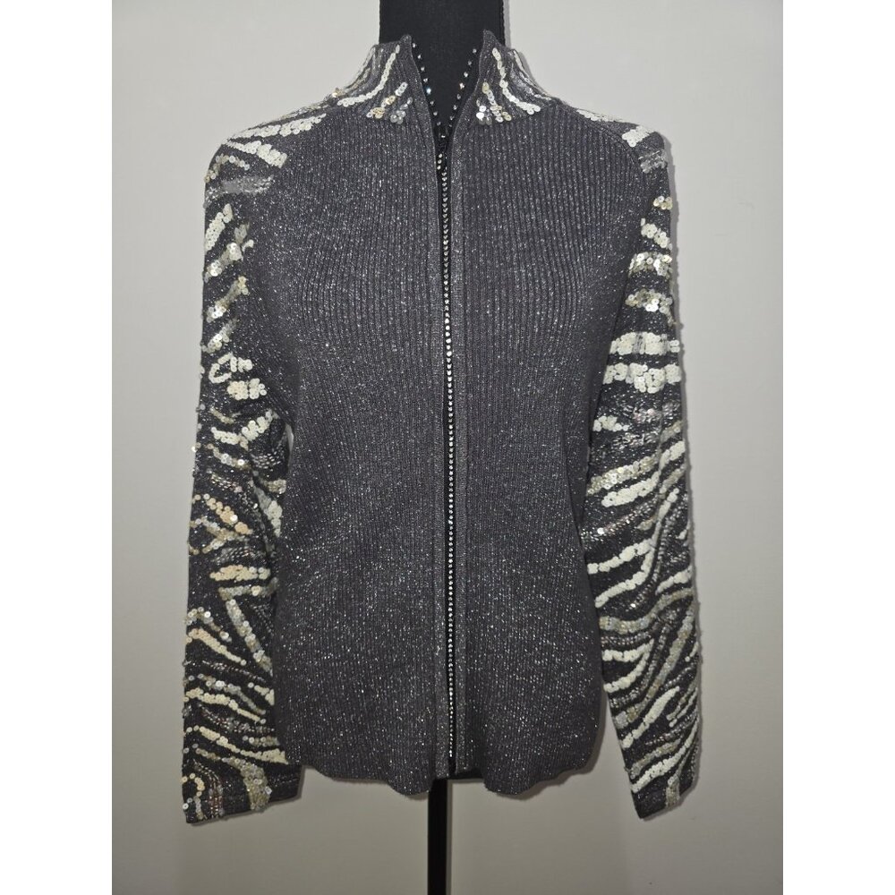 BEREK Silver Metallic Sequin Rhinestones Cardigan Sweater Jacket Women Size L